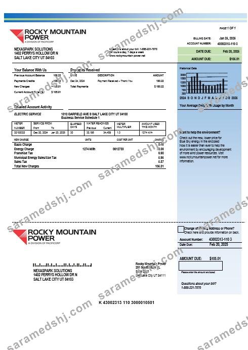 USA Utah Rocky Mountain Power electricity business utility bill template in Word and PDF formats